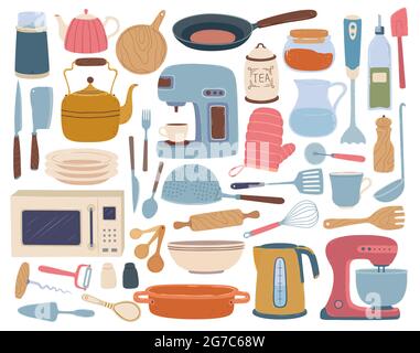 Ustensiles de cuisine. Matériel de cuisson et de cuisson grille-pain, mixeur, planche en bois, bouilloire. Batterie de cuisine à dessin animé plat, ustensiles de cuisine accessoires ensemble vectoriel. Appareils électriques isolés sur blanc Illustration de Vecteur