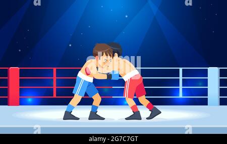 Les jeunes garçons musclés boxers en gants de boxe se tiennent dans un clin d'œil dans l'anneau. Illustration vectorielle de garçon de caractères de dessin animé Illustration de Vecteur