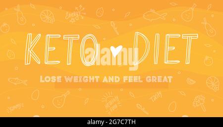 Bannière de vecteur de régime de Keto avec lettrage et texte perdre le poids et se sentir grand. Les aliments dessèissent les éléments de céto sur fond jaune vif. Illustration de Vecteur