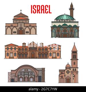 Israël monuments, églises, mosquées et temples de Bethléem, vecteur. Israël monuments juifs et islamiques, Grande Mahmoudiya et Mosquée Jazzar, Carmeli Illustration de Vecteur