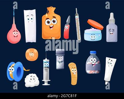 Caricature trousse de premiers soins personnages, pilules de médecine vectorielle en bouteille, joli clyster heureux, seringue et thermomètre avec pommade en pot. Capsule avec tabl Illustration de Vecteur