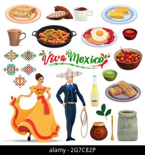 Repas et boissons mexicains, personnes en costumes de carnaval. Vector enchilada, caçao haricots et chocolat, fajitas, huevos rancheros et tamale, limonade, ma Illustration de Vecteur