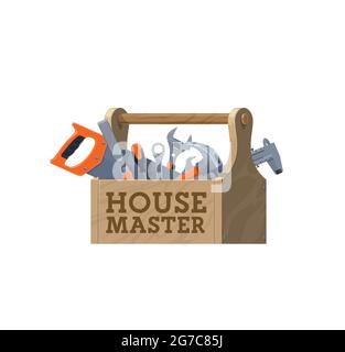 Boîte à outils en bois, icône outils de réparation de maison de vecteur. Kit d'outils d'entretien, matériel de construction et équipement de menuiserie dans une boîte en bois, un marteau, une clé ou un spa Illustration de Vecteur