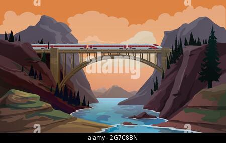 Train sur le pont. Scène de vecteur de bande dessinée de voyage de chemin de fer avec la vitesse rapide moderne traversant le canyon, rivière de montagne par le pont. Transport de passagers Illustration de Vecteur
