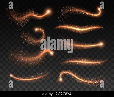 Golden stardust et paillettes sur fond transparent. Vecteur magique poussière étincelante de pistes d'étoiles d'or, vagues brillantes de confettis et étincelles, Illustration de Vecteur