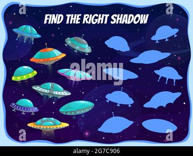 Espace ombres jeu d'enfants avec des vaisseaux spatiaux, puzzle vectoriel avec des soucoupes d'ovnis exotiques dans la galaxie. Trouvez la silhouette idéale pour les enfants, l'activité, l'école ou les jardins d'enfants Illustration de Vecteur