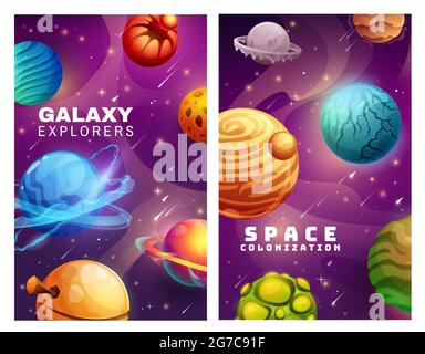 La colonisation de la galaxie et de l'espace, les planètes de dessins animés et les affiches vectorielles d'étoiles. Univers extraterrestre avec des comètes qui tombent et des étoiles brillantes. Fantastique jeu cosmique u Illustration de Vecteur