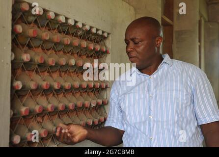 Accra, Ghana. 24 juin 2021. Martial Zohoungbogbo montre des bouteilles en plastique recyclées remplies de terre, qui sont utilisées comme briques pour construire une bibliothèque communautaire, à Accra, Ghana, le 24 juin 2021. Martial Zohoungbogbo, un architecte qui détient une double citoyenneté du Ghana et du Bénin, a construit une bibliothèque communautaire avec 45,000 bouteilles en plastique recyclées à la périphérie d'Accra. POUR ALLER AVEC "Feature: L'architecte africain construit une bibliothèque communautaire avec 45,000 bouteilles en plastique recyclé" crédit: Seth/Xinhua/Alamy Live News Banque D'Images