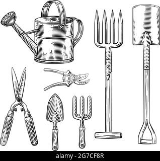 Ensemble d'outils de jardinage style rétro en bois Illustration de Vecteur