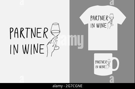 Partenaire dans le vin, lettrage manuscrit avec un dessin de ligne, vin drôle, alcool, dessin de boisson, t-shirt design pour cricut Illustration de Vecteur