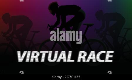 virtual course cyclisme concept. virtual roadbike cyling championnat. silhouette cycliste devant un arrière-plan abstrait. illustration vectorielle Illustration de Vecteur