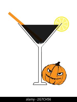 Limonade noire, Martini Halloween avec citron et citrouille. Dessin d'auteur de citrouille fait main, élément pour votre conception, isolé, fond blanc. Illustration vectorielle Illustration de Vecteur