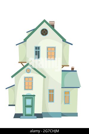Une maison de deux étages avec une fenêtre dans le grenier. Confortable maison rurale simple dans un style européen traditionnel. Maison agréable. Isolé sur blanc Banque D'Images
