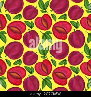 Motif chinois rouge couleur prune aquarelle sans coutures. Fruits frais sur fond jaune Banque D'Images