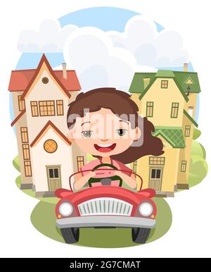 L'enfant conduit. Sur le fond des maisons rurales. Voiture électrique pour bébé. Style dessin animé plat. Illustration isolée sur fond blanc. Banque D'Images