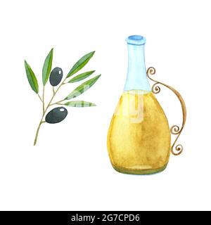 Aquarelle dessin à la main d'une bouteille d'huile d'olive, une branche avec des olives, un récipient en verre avec de l'huile, couleur jaune de liquide à l'intérieur. Sur fond blanc, isolé. Pour votre conception. Illustration de Vecteur