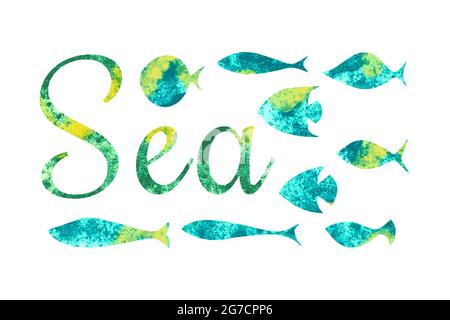 Ensemble de poissons aquarelles et l'inscription Mer, fond aquarelle découpé, fond blanc isolé. Illustration vectorielle Illustration de Vecteur