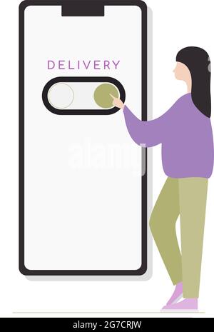 La fille appuie sur le bouton livraison des marchandises, dessin dans le style de plat. Illustration vectorielle Illustration de Vecteur