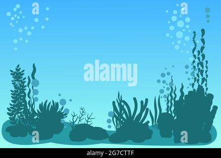 Fond du réservoir avec poisson. Silhouette. Eau bleue. Océan de mer. Paysage sous-marin avec plantes, algues et coraux. Illustration de style dessin animé Illustration de Vecteur