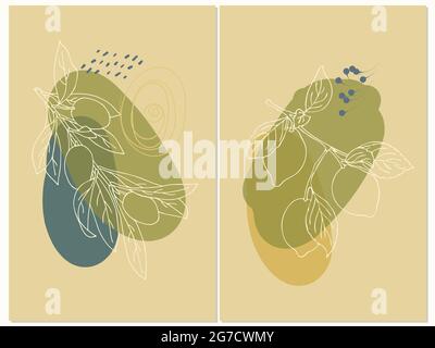 Ensemble de vecteurs d'art mural abstrait botanique. Doodle citron et olives. Dessin au trait avec forme abstraite. Motif abstrait Plant Art pour l'impression. Illustration vectorielle Illustration de Vecteur