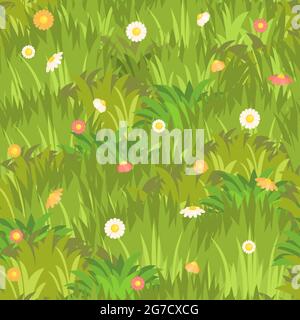 Motif sans couture. Prairie avec herbe dense et fleurs en gros plan. Plantes sauvages vertes rurales. Style de dessin animé. Conception plate. Pelouse non coupée. Illustration vectorielle Illustration de Vecteur