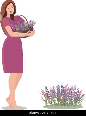 Fille avec un panier de fleurs. Illustration vectorielle, isolée, sur fond blanc, ensemble de fleurs, couleur lilas. Illustration vectorielle Illustration de Vecteur