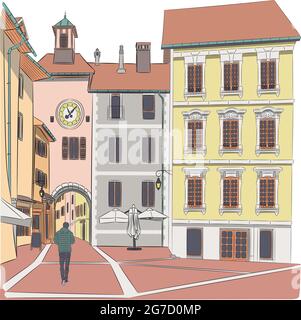 Belles façades de maisons multicolores sur une vieille rue médiévale. Annecy. France. Illustration de Vecteur
