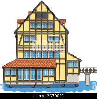 Maison médiévale jaune à colombages au-dessus d'un canal à Bamberg. Illustration vectorielle Illustration de Vecteur