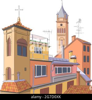 Vue sur les façades colorées des toits carrelés et la tour de la vieille ville. Bologne. Italie. Illustration de Vecteur