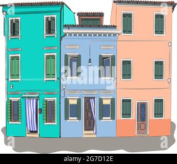 Façades colorées et lumineuses de maisons traditionnelles sur l'île de Burano. Venise. Italie. Illustration de Vecteur