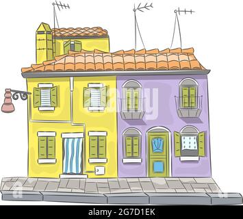 Illustration vectorielle de façades multicolores de vieilles maisons sur l'île de Burano. Venise. Italie. Illustration de Vecteur