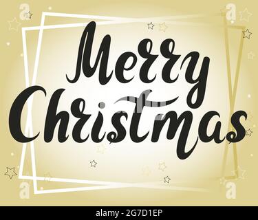 Lettrage fait main Merry christmas sur fond doré, carte de vœux vectorielle. Concept, bannière avec inscription. Illustration typographique nouvel an E Illustration de Vecteur