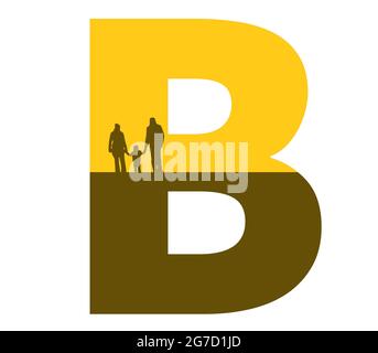 Lettre B de l'alphabet avec une silhouette de famille, de père, de mère et d'enfant, de couleur ocre et marron Banque D'Images