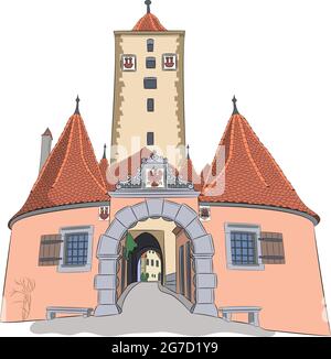 Illustration vectorielle de la porte médiévale urbaine de Burtorg avec une tour. Rothenburg ob der Tauber. Allemagne. Bavière Illustration de Vecteur