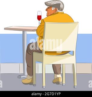 Un vieil homme assis à une table avec un verre de vin sur la mer. Illustration de Vecteur