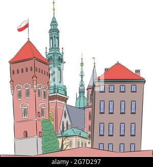 Château royal de Cracovie sur la colline de Wawel. Pologne. Illustration de Vecteur