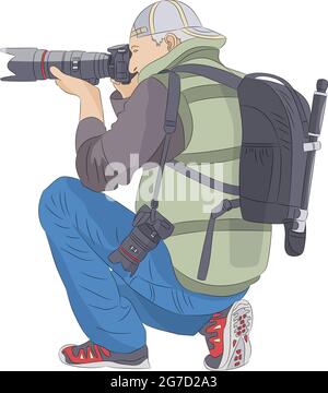 Photographe homme dans une casquette avec un trépied d'appareil photo et un sac à dos photo sur son dos. Illustration de Vecteur