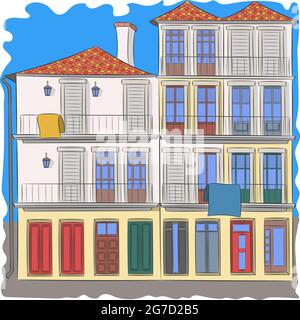 Vue sur la façade colorée d'une ancienne maison typique de Porto. Portugal. Illustration de Vecteur