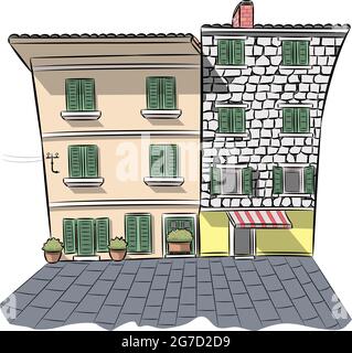 Illustration vectorielle de façades de pierre multicolores de vieilles maisons et de la place à omis. Croatie. Illustration de Vecteur