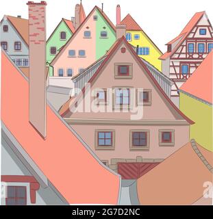 Façades colorées de maisons médiévales anciennes de Rothenburg ob der Tauber. Allemagne. Bavière Illustration de Vecteur