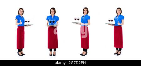 Serveuse asiatique avec du vin sur un plateau, de composition de quatre scènes, isolé sur fond blanc Banque D'Images