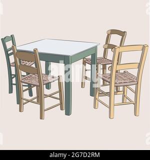 Table à manger en bois vert et quatre chaises. Illustration de Vecteur