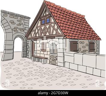 Ancien portier médiéval près du mur de la forteresse. Rothenburg ob der Tauber. Allemagne. Bavière Illustration de Vecteur