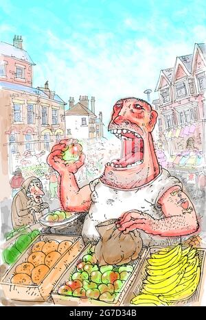 Illustration d'art : le détenteur de la stalle traditionnelle du marché des fruits et légumes/commerçant de rue dans l'East End de Londres, en faisant la démonstration de ses marchandises. Inspiré par Walthamstow Banque D'Images