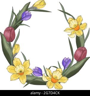 Couronne de printemps tulipes narcisse feuilles de crocus, dessin à la main. Illustration vectorielle Illustration de Vecteur