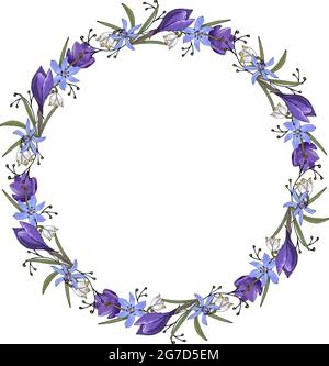 Couronne de printemps crocus scilla, dessin à la main avec des éléments de gribouillage. Illustration vectorielle Illustration de Vecteur