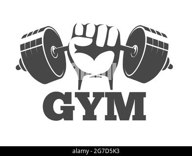 Logo du club de remise en forme ou de la salle de sport. Fist tient Barbell et inscription GYM isolé sur blanc. Illustratin vectoriel. Illustration de Vecteur