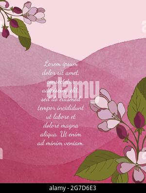Fond de carte postale aquarelle rose avec une branche de sakura en fleurs, bourgeons et fleurs, dans le style de gribouillage, dessin à la main. Place pour une inscription. Illustration vectorielle Illustration de Vecteur