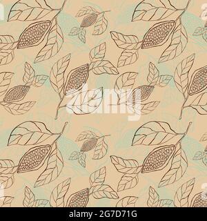 Motif plante de cacao sans couture avec fruits et feuilles, dessin à la main, gribouillage, silhouette bleue, fond beige neutre. Illustration vectorielle Illustration de Vecteur