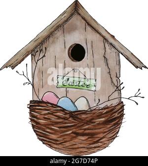 Croquis de Birdhouse en aquarelle avec contour, nid avec des oeufs, Joyeuses Pâques. Illustration vectorielle Illustration de Vecteur